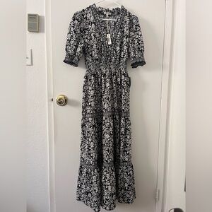 NWT Max Studio Ruffle Collar Print Tiered Maxi Dress Black & White Medium